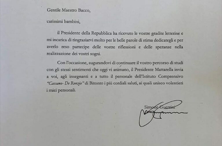 La lettera di risposta della Segreteria del presidente Mattarella agli alunni di quarta A della scuola primaria Cassano